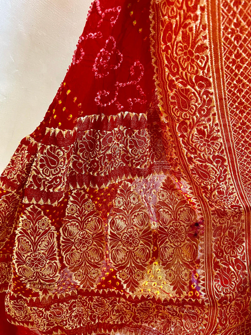Red Pure Khaddi Georgette Bandhani Dupatta - Shades Of Benares
