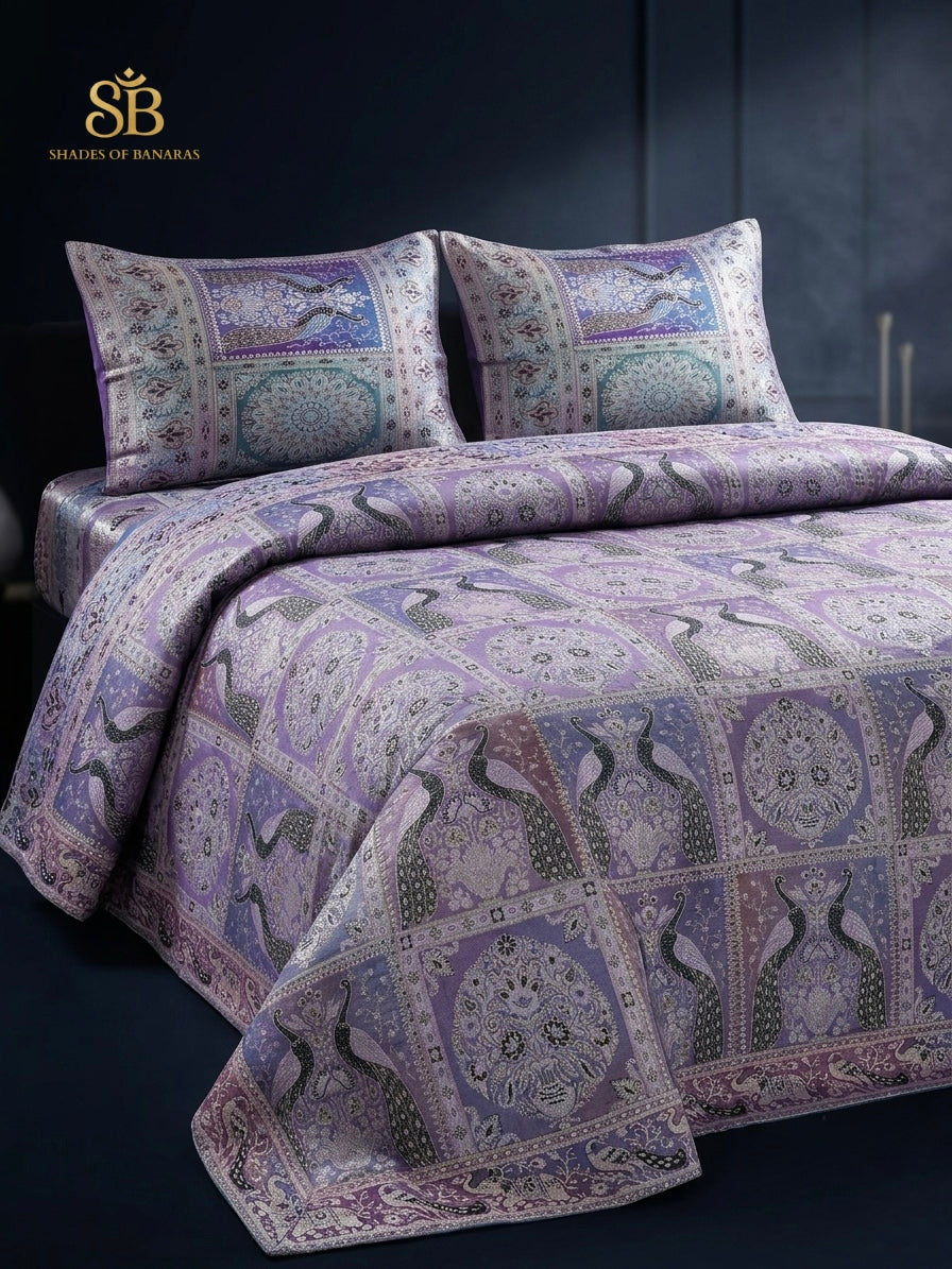 Regal Lilac Lavender Luxe Handloom Banarasi Brocade Bedcover with Pillow Covers - Shades of Banaras