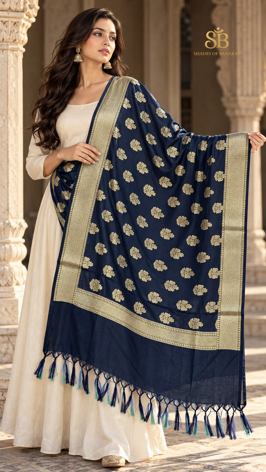 Regal navy blue katan soft silk Banarasi handloom dupatta with gold cutwork butis from Banaras, held open to show the full drape