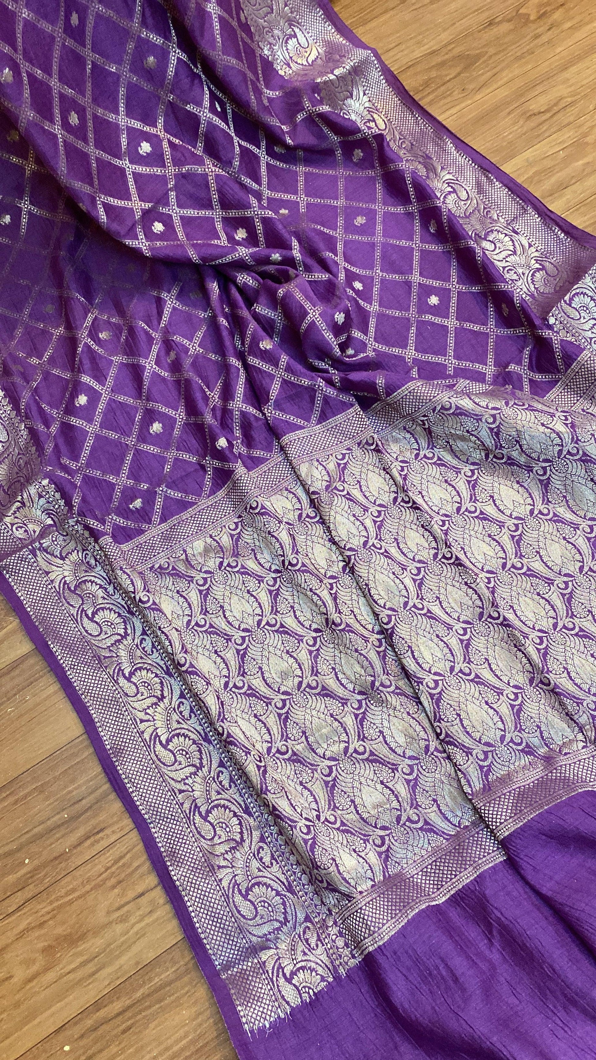 Regal Opulence: Purple Pure Moonga Silk Handloom Banarasi Saree by Shades Of Benares - banarasi - banarasi saree shop