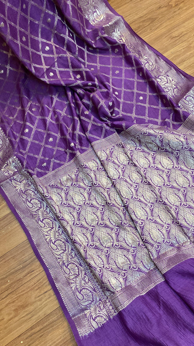Regal Opulence: Purple Pure Moonga Silk Handloom Banarasi Saree - Shades Of Benares
