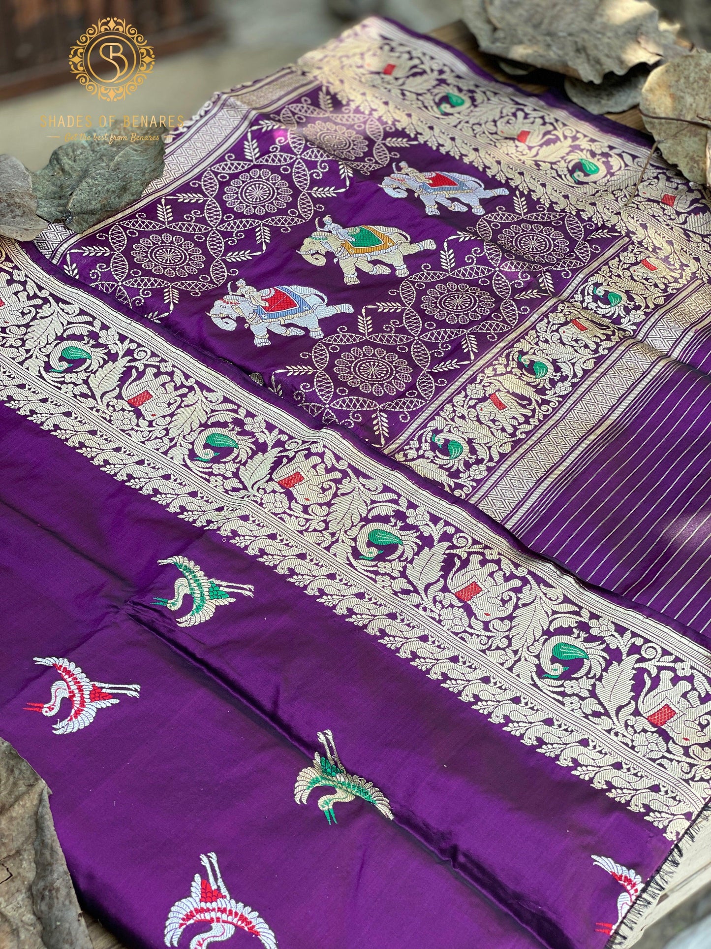 Regal Purple Banarasi Silk Saree with Kadhwa Minakari Figures and Shikargaah Weave by Shades Of Benares - banarasi - banarasi saree shop