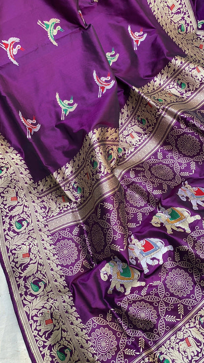 Regal Purple Banarasi Silk Saree with Kadhwa Minakari Figures and Shikargaah Weave by Shades Of Benares - banarasi - banarasi saree shop