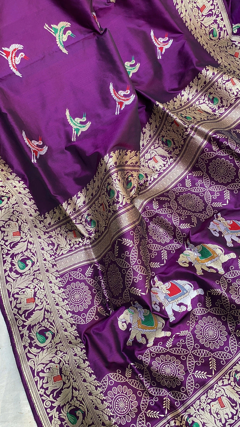 Regal Purple Banarasi Silk Saree with Kadhwa Minakari Figures and Shikargaah Weave by Shades Of Benares - banarasi - banarasi saree shop