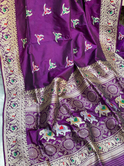 Regal Purple Banarasi Silk Saree with Kadhwa Minakari Figures and Shikargaah Weave by Shades Of Benares - banarasi - banarasi saree shop