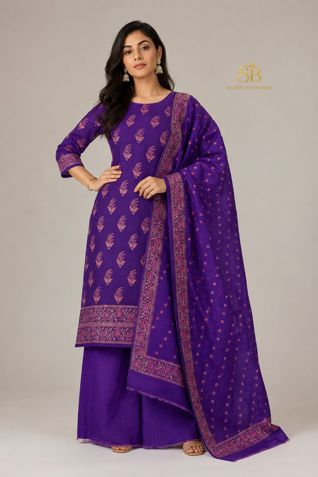 Regal Violet Purple Luxe Handloom Banarasi Katan Silk Suit Set - Shades of Banaras