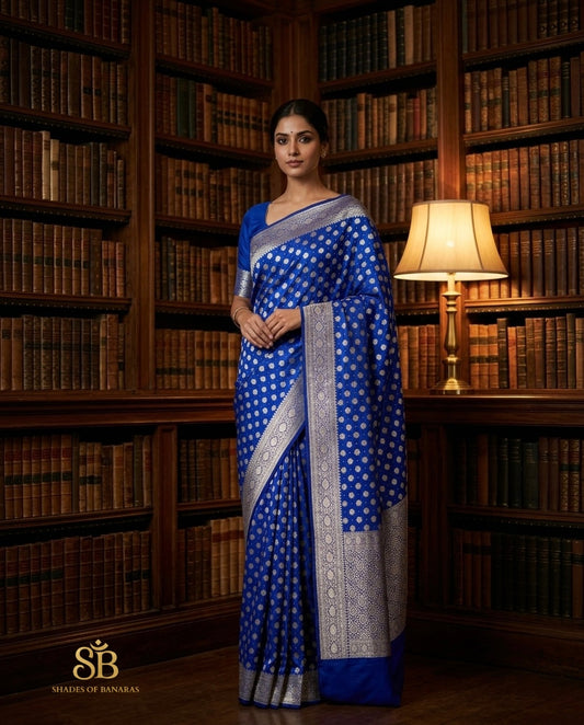 Royal blue pure Katan silk Banarasi handloom saree on marble staircase