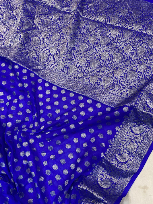 Royal Blue Handloom Cotton Silk Banarasi Sari by Shades Of Benares - banarasi - banarasi saree shop