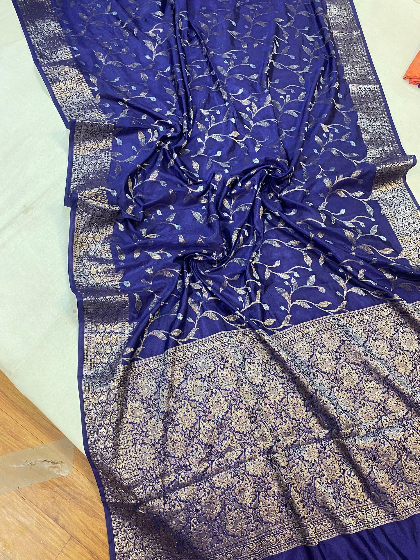 Royal Blue Handloom Crepe Butter Silk Banarasi Sari by Shades Of Benares - banarasi - banarasi saree shop