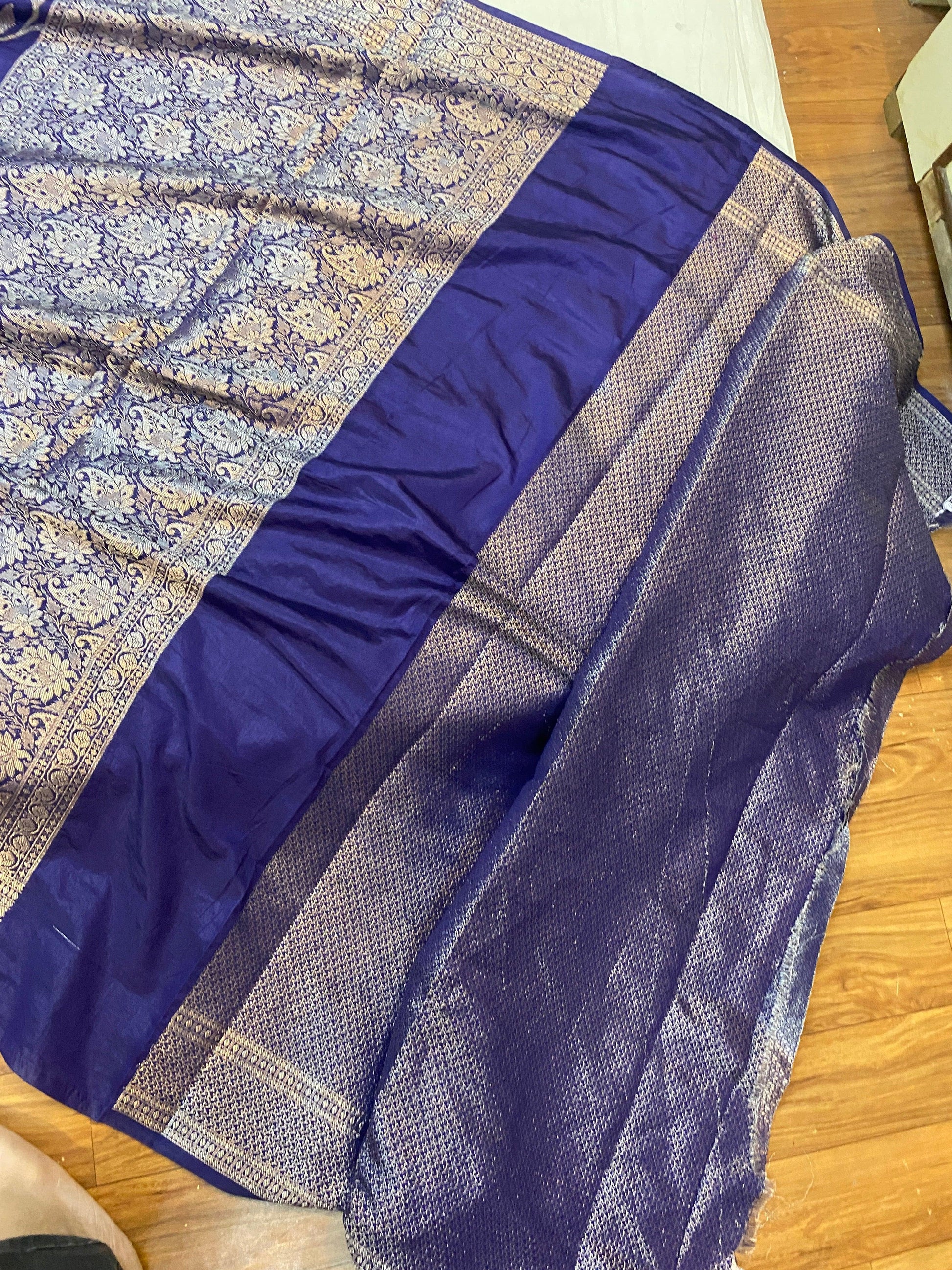 Royal Blue Handloom Crepe Butter Silk Banarasi Sari by Shades Of Benares - banarasi - banarasi saree shop