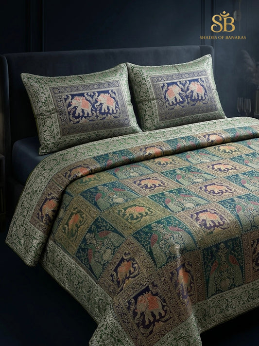 Royal Emerald Green Couture Handloom Banarasi Brocade Bedcover with Pillow Covers - Shades of Banaras