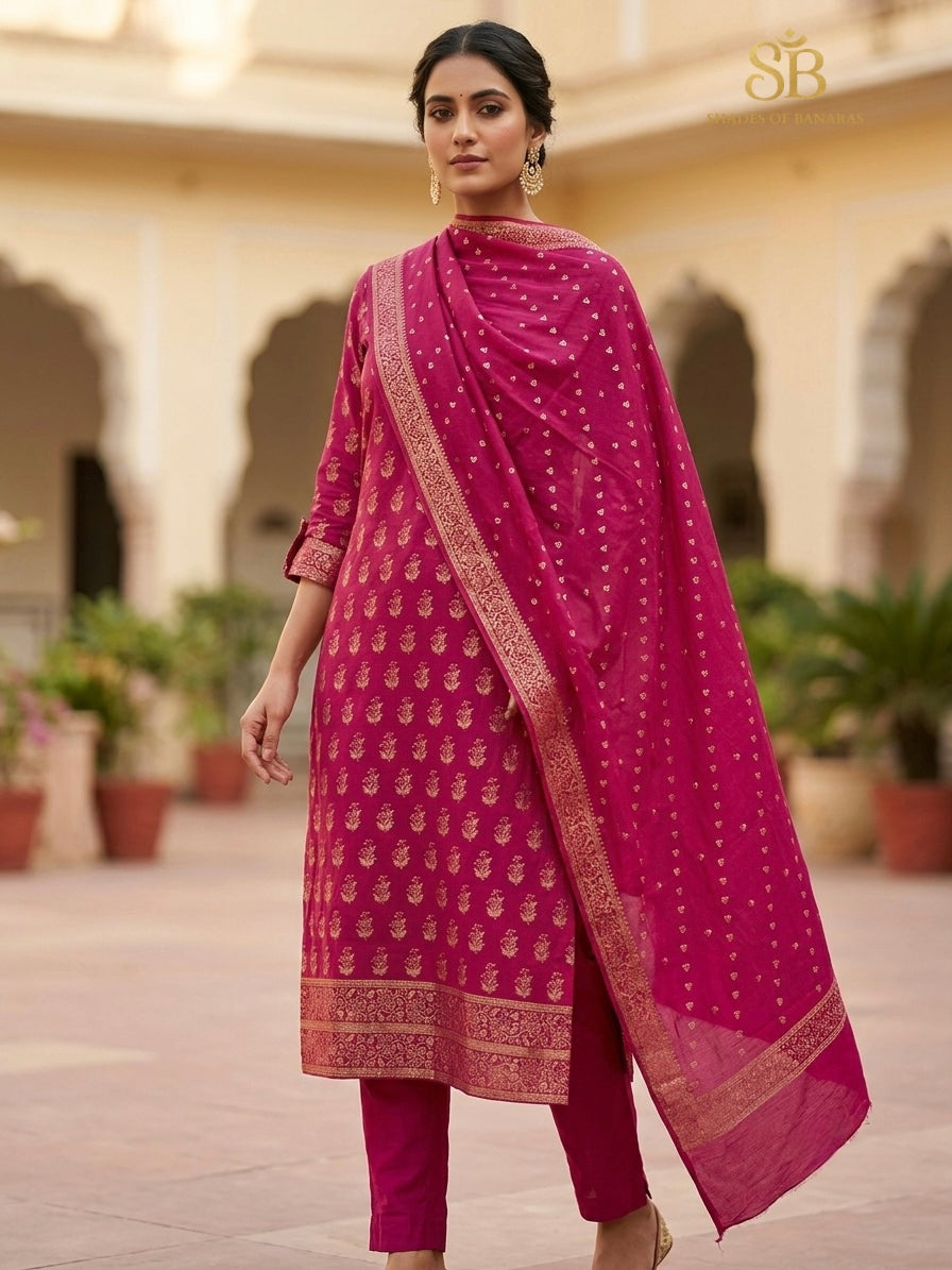 Royal Rani Pink Couture Handloom Banarasi Katan Silk Suit Set - Shades of Banaras