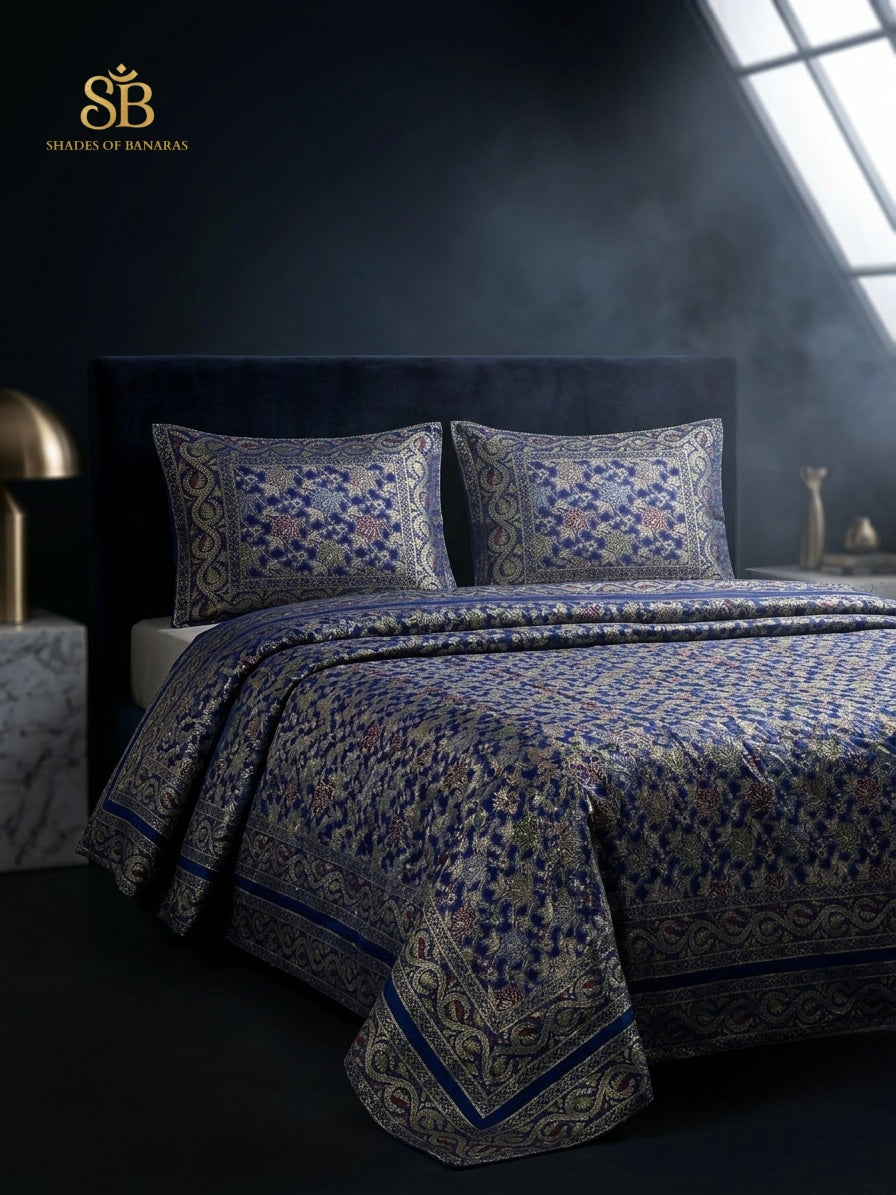 Royal Sapphire Blue Luxe Handloom Banarasi Dupion Silk Bedcover with Pillow Covers - Shades of Banaras