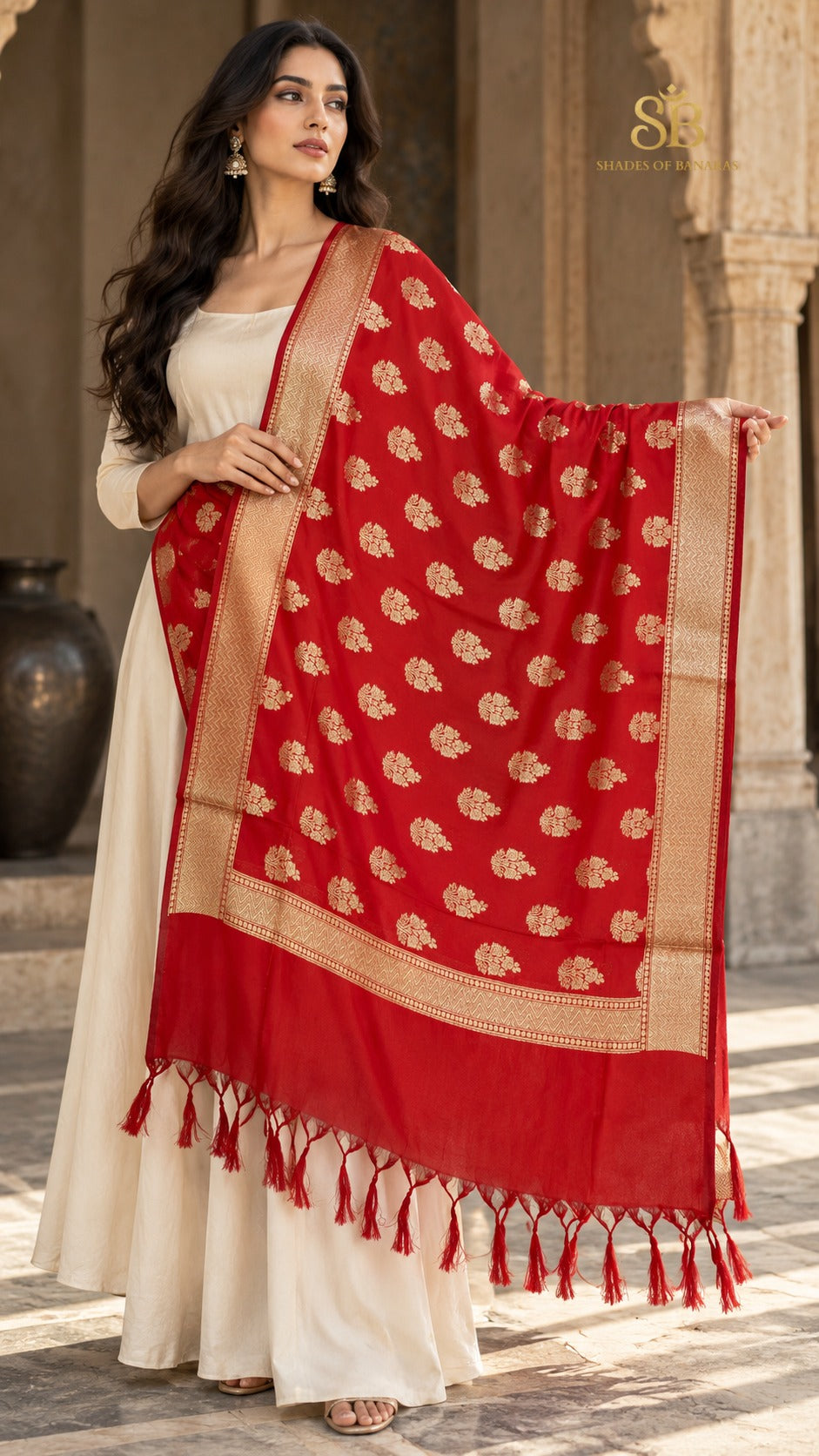 Ruby grace red katan soft silk Banarasi handloom dupatta with gold cutwork butis from Banaras, held open to show the full drape