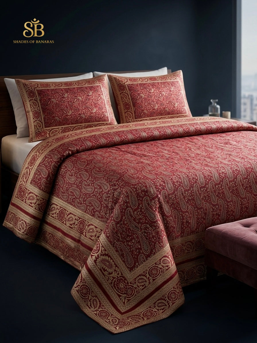 Ruby Heritage Red Couture Handloom Banarasi Dupion Silk Bedcover with Pillow Covers - Shades of Banaras