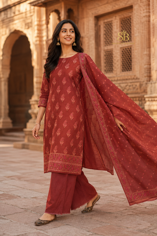 Vintage Ruby Red Pure Cotton Silk Banarasi Suit Set - Shades of Banaras