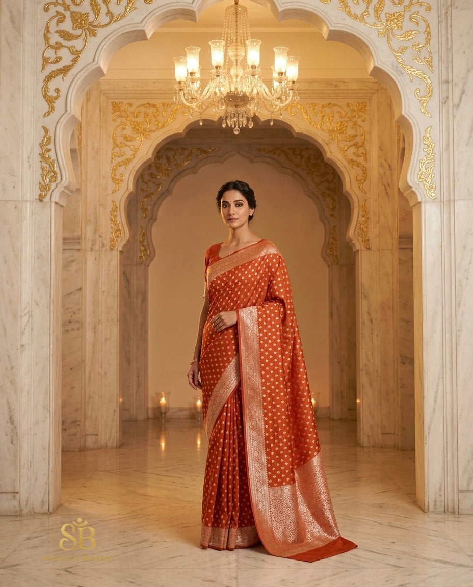 Rust orange pure Katan silk Banarasi handloom saree under gilded archway