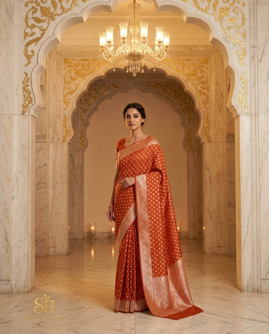 Rust orange pure Katan silk Banarasi handloom saree under gilded archway