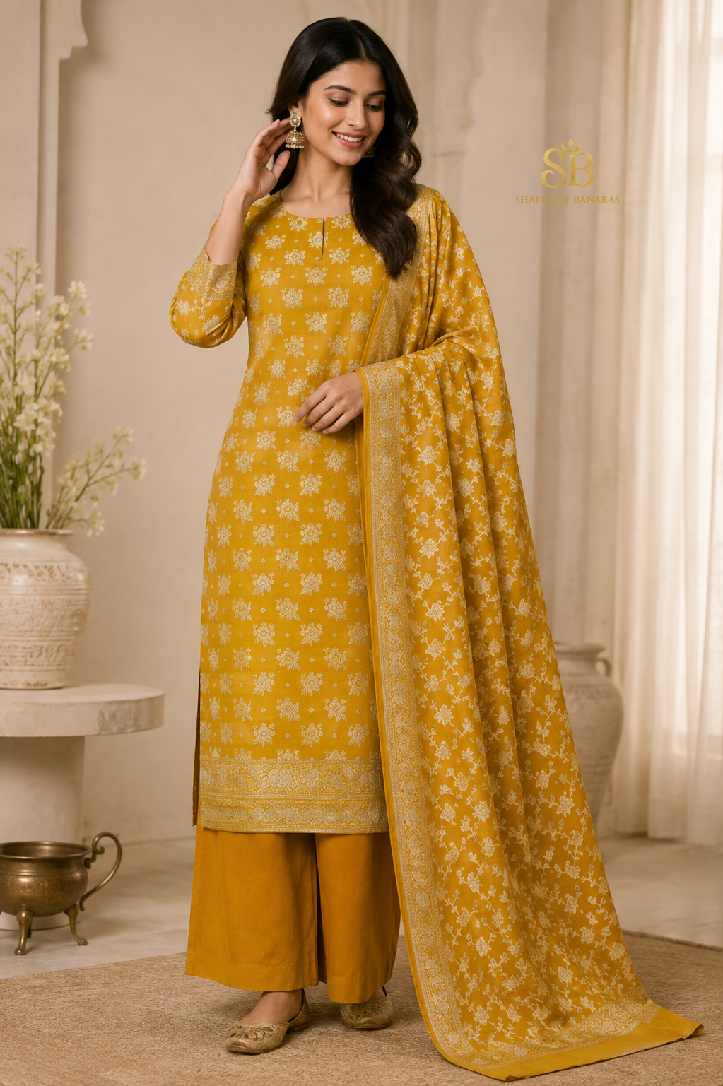 Radiant Saffron Yellow Pure Cotton Silk Banarasi Suit Set - Shades of Banaras