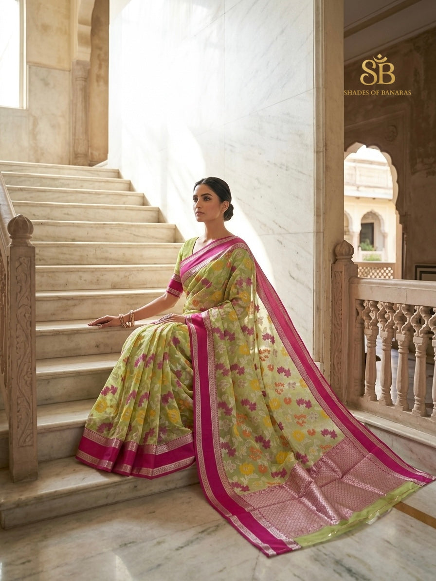 Sage Floral Grace Handloom Tissue Silk Banarasi Saree