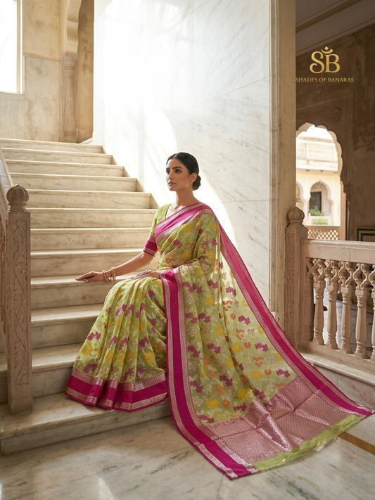 Sage green tissue silk Banarasi handloom saree with multicolour minakari floral weave