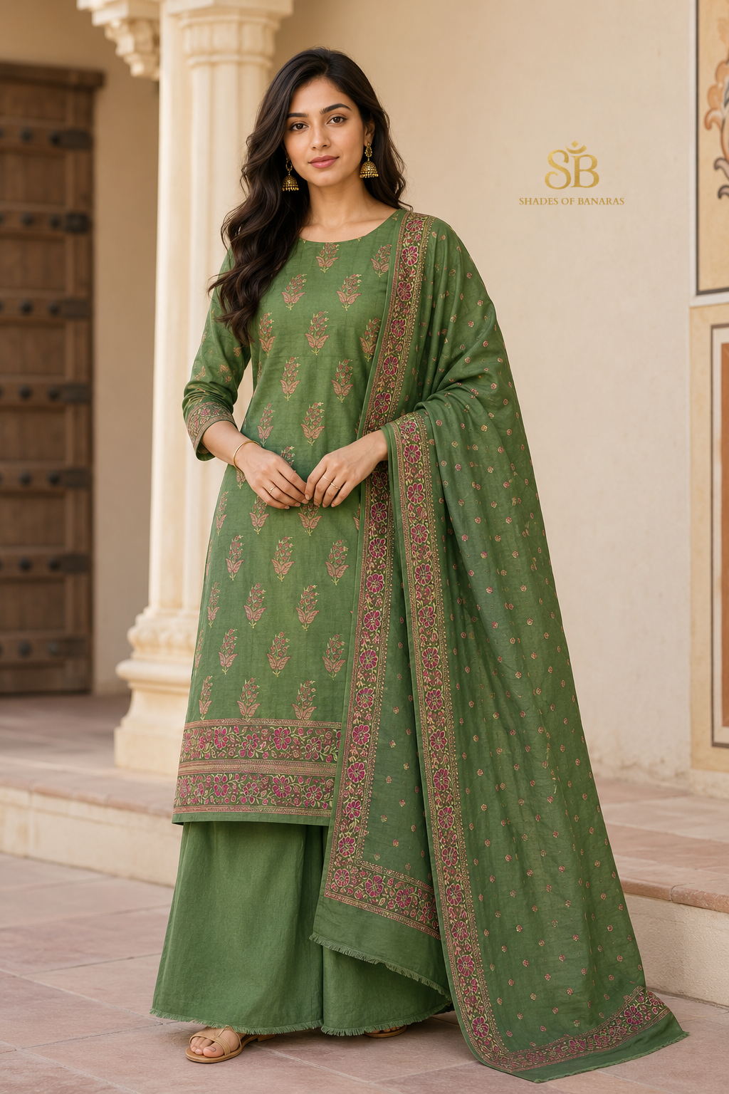 Verdant Sage Green Pure Cotton Silk Banarasi Suit Set - Shades of Banaras