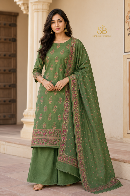Verdant Sage Green Pure Cotton Silk Banarasi Suit Set - Shades of Banaras
