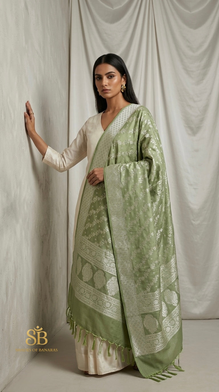 Sage Pastel Green Couture Handloom Banarasi Katan Silk Dupatta - Shades of Banaras