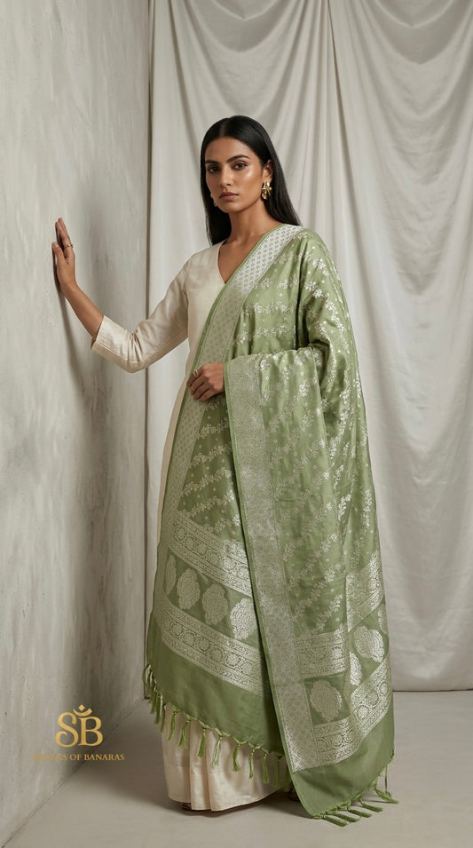 Sage Pastel Green Couture Handloom Banarasi Katan Silk Dupatta - Shades of Banaras