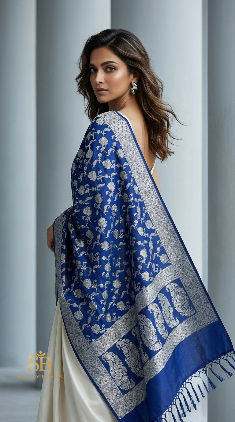 Sapphire Silver Blue Couture Handloom Banarasi Katan Silk Dupatta - Shades of Banaras