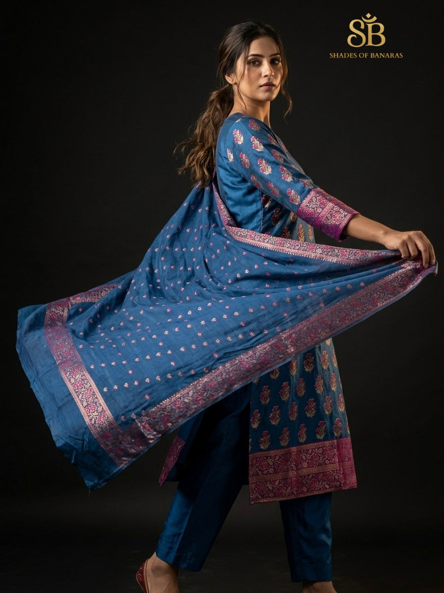 Sapphire Teal Blue Couture Handloom Banarasi Katan Silk Suit Set - Shades of Banaras