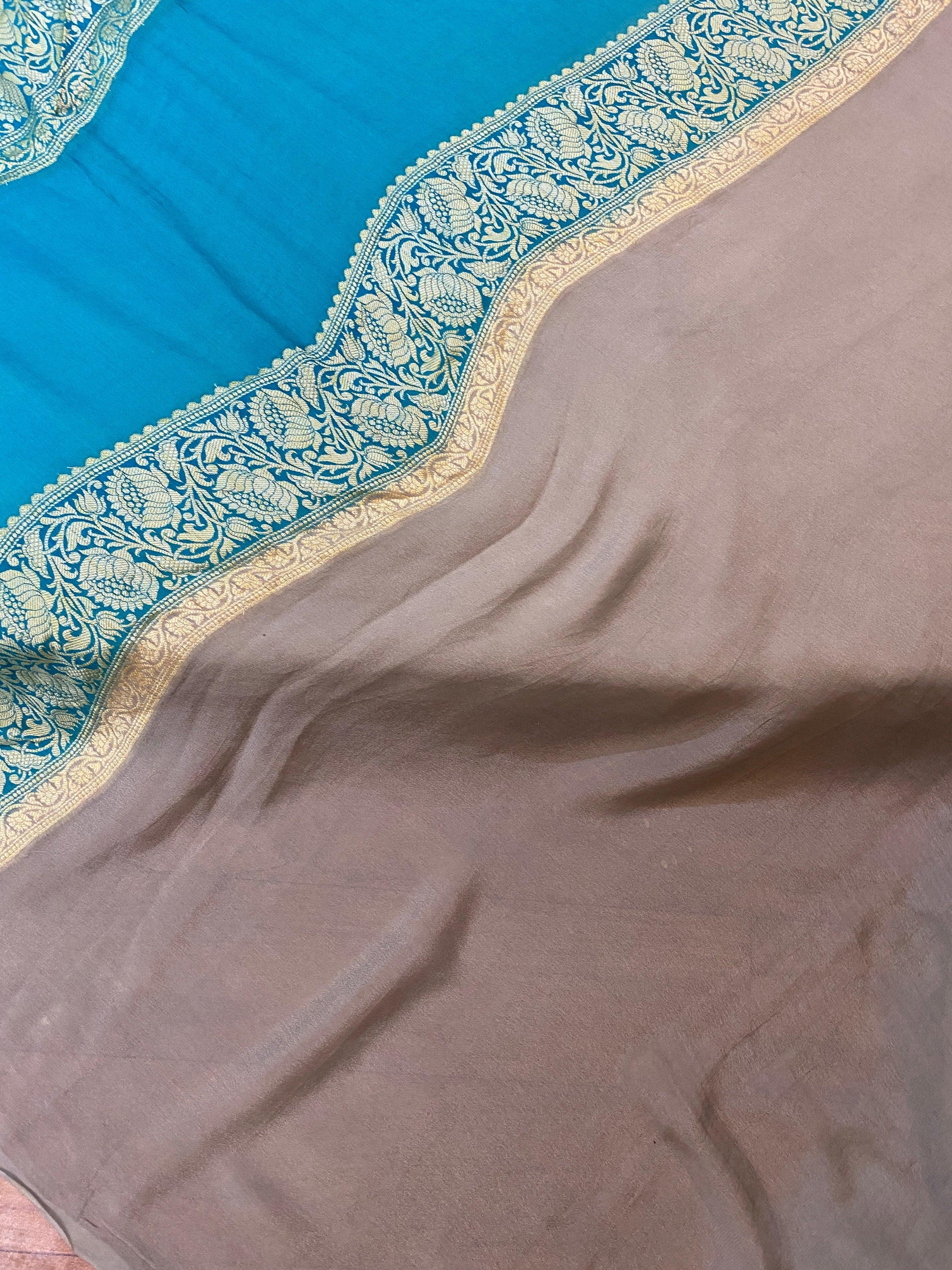 Sartorial Splendor: Blue & Grey Rangkaat Pure Khaddi Georgette Banarasi Saree by Shades Of Benares - banarasi - banarasi saree shop