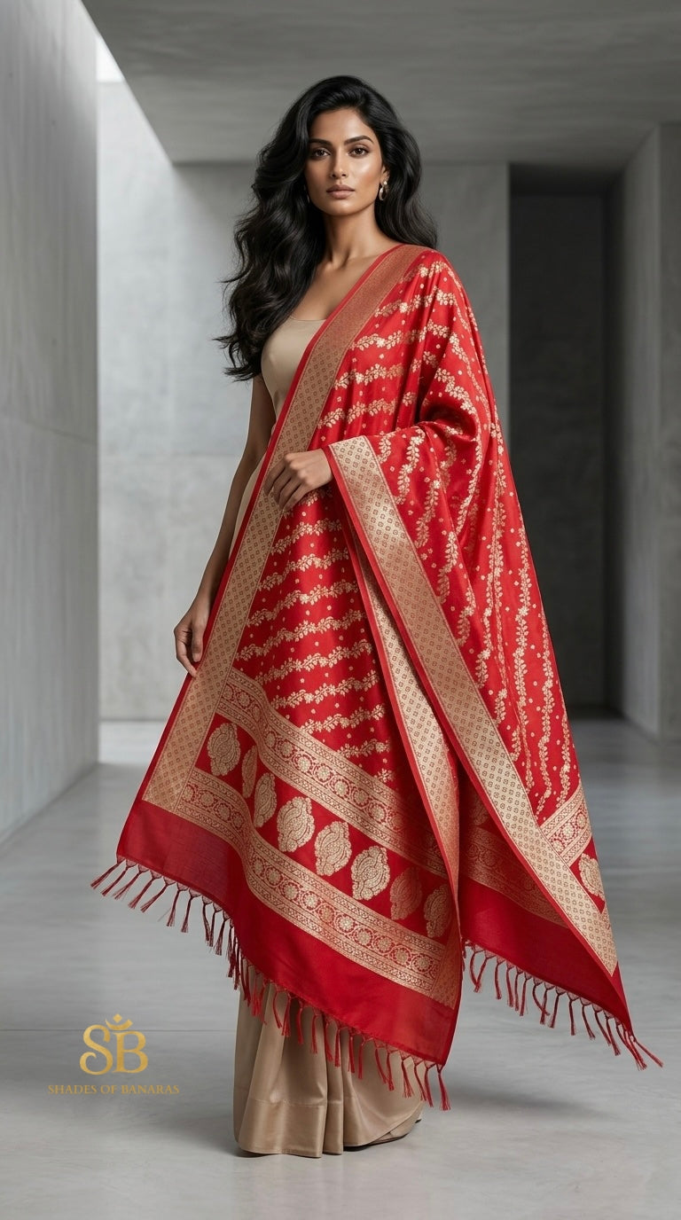 Scarlet Heritage Red Luxe Handloom Banarasi Katan Silk Dupatta - Shades of Banaras