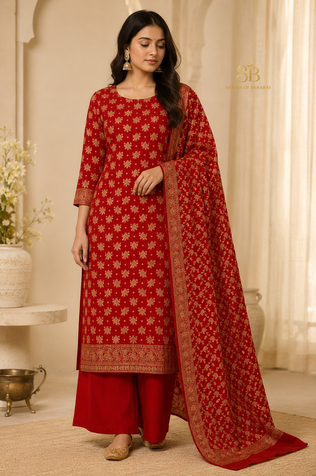 Regal Scarlet Red Pure Cotton Silk Banarasi Suit Set - Shades of Banaras