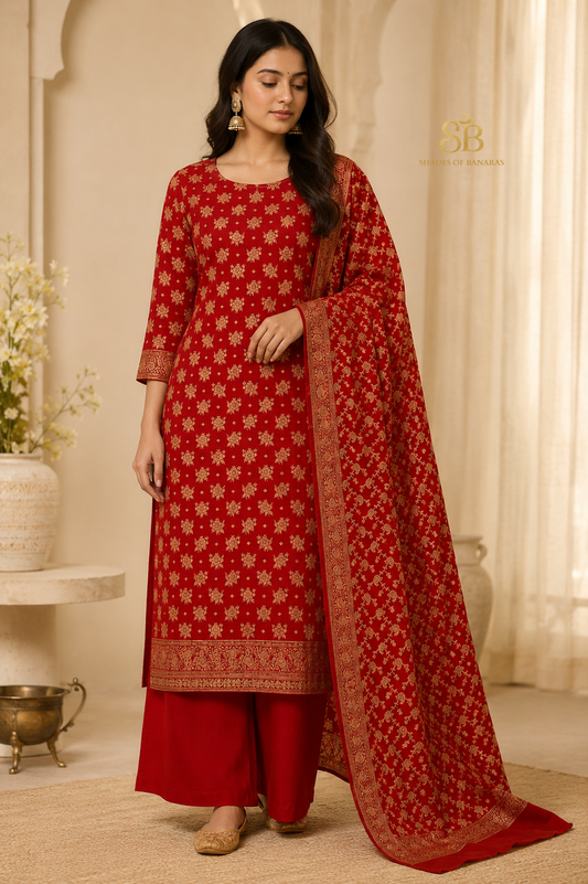 Regal Scarlet Red Pure Cotton Silk Banarasi Suit Set - Shades of Banaras