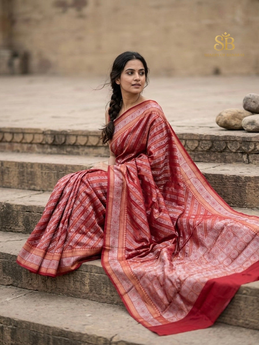 Scarlet red striped silk brocade Banarasi handloom saree with zari weave