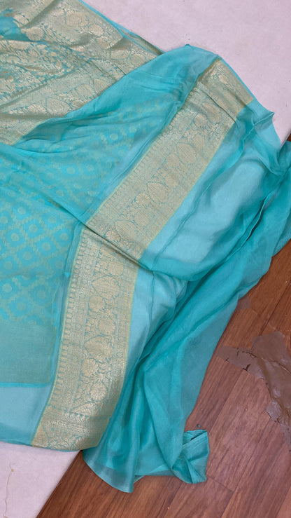 Sea Blue Pure Khaddi Georgette Banarasi Sari by Shades Of Benares - banarasi - banarasi saree shop