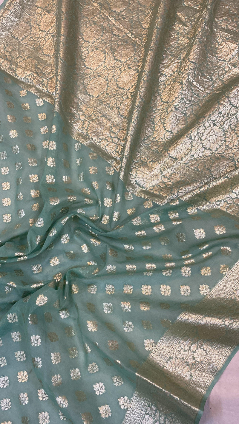 Sea Green Handloom Cotton Silk Banarasi Sari - Shades Of Benares