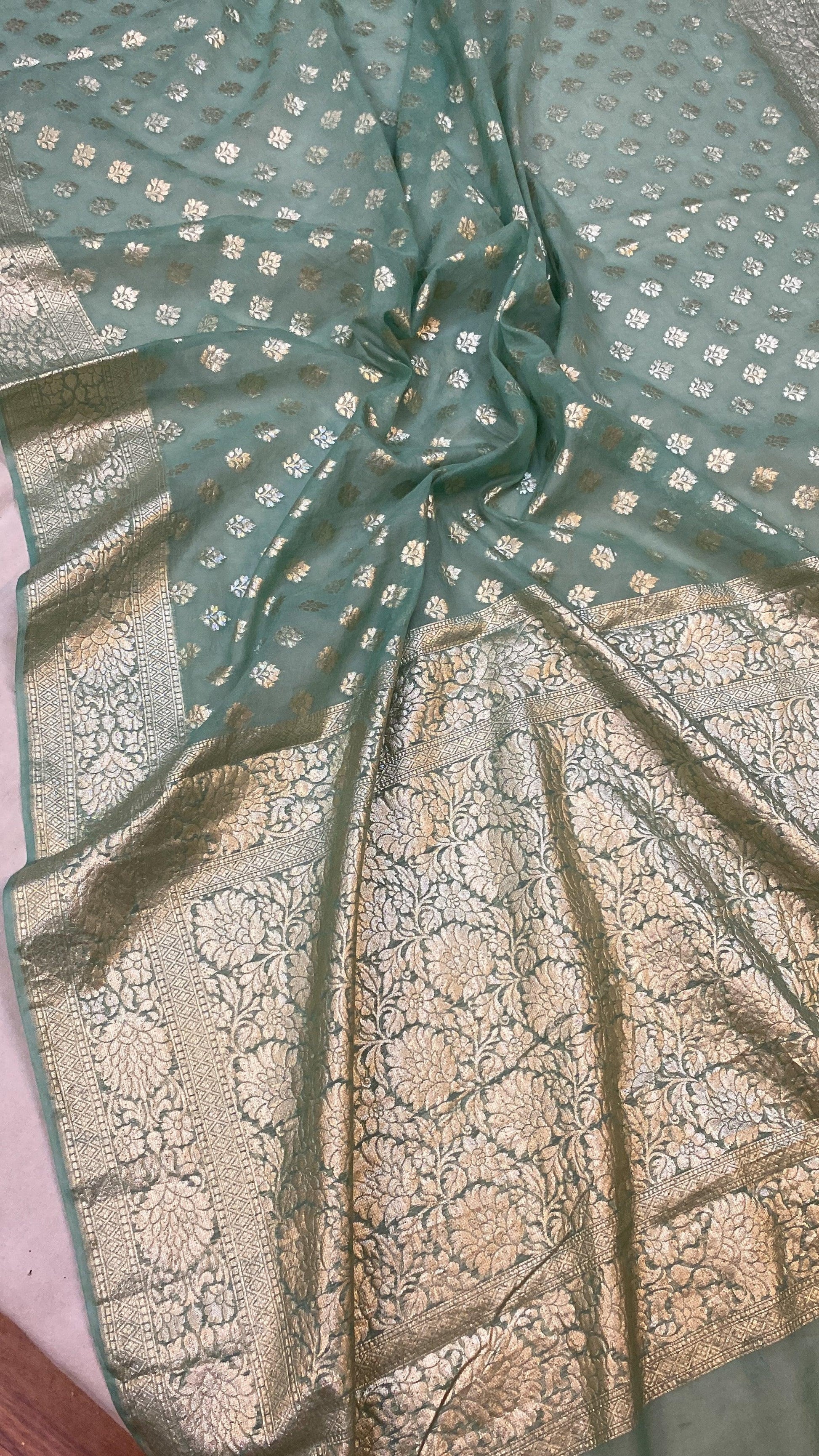 Sea Green Handloom Cotton Silk Banarasi Sari by Shades Of Benares - banarasi - banarasi saree shop