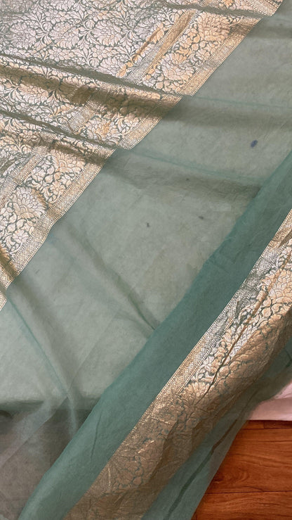 Sea Green Handloom Cotton Silk Banarasi Sari by Shades Of Benares - banarasi - banarasi saree shop