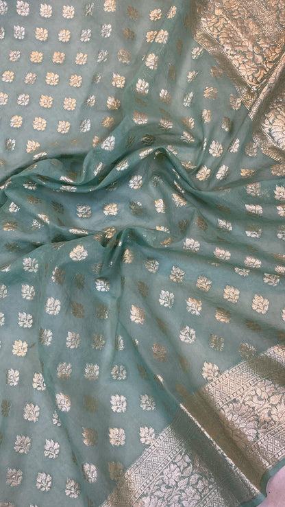 Sea Green Handloom Cotton Silk Banarasi Sari by Shades Of Benares - banarasi - banarasi saree shop