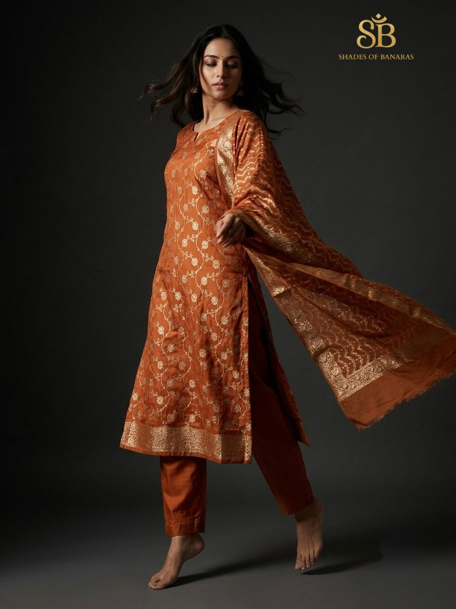 Burnt Sienna Orange Pure Cotton Silk Banarasi Suit Set - Shades of Banaras