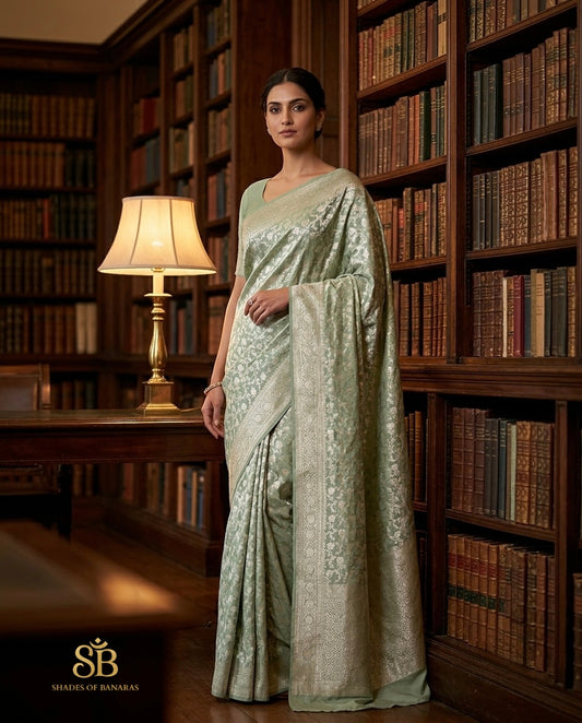 Silver sage pure Katan silk Banarasi handloom saree in heritage library