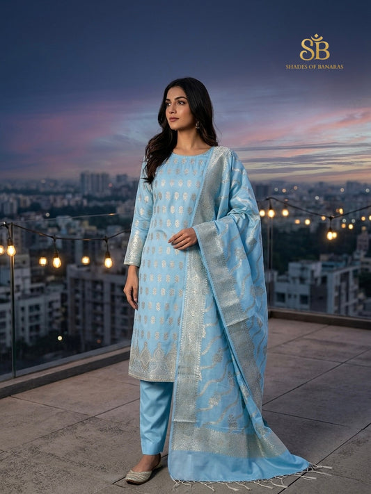 Sky blue pure cotton silk Banarasi handloom unstitched suit set on rooftop