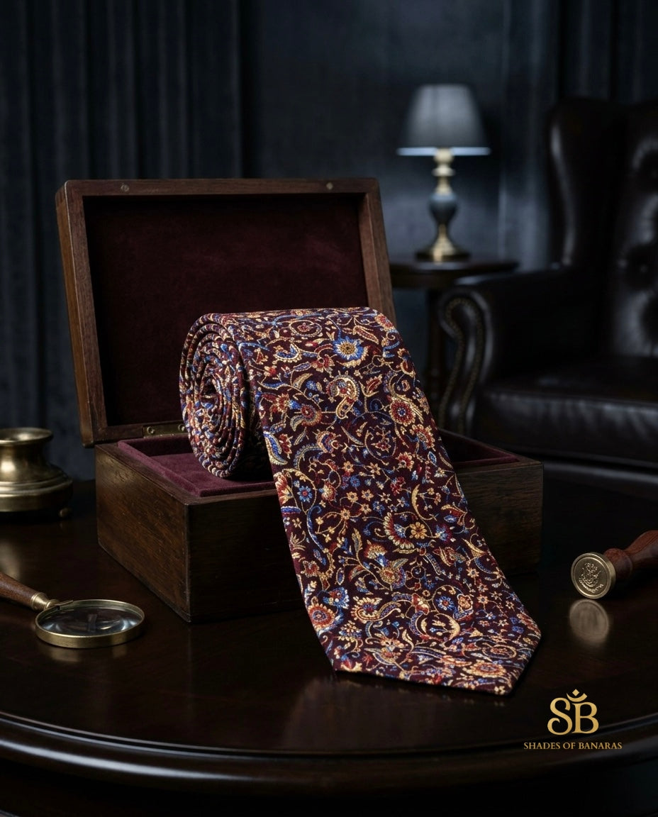 Brown pure silk Banarasi handloom necktie from Varanasi with hand printed floral paisley pattern