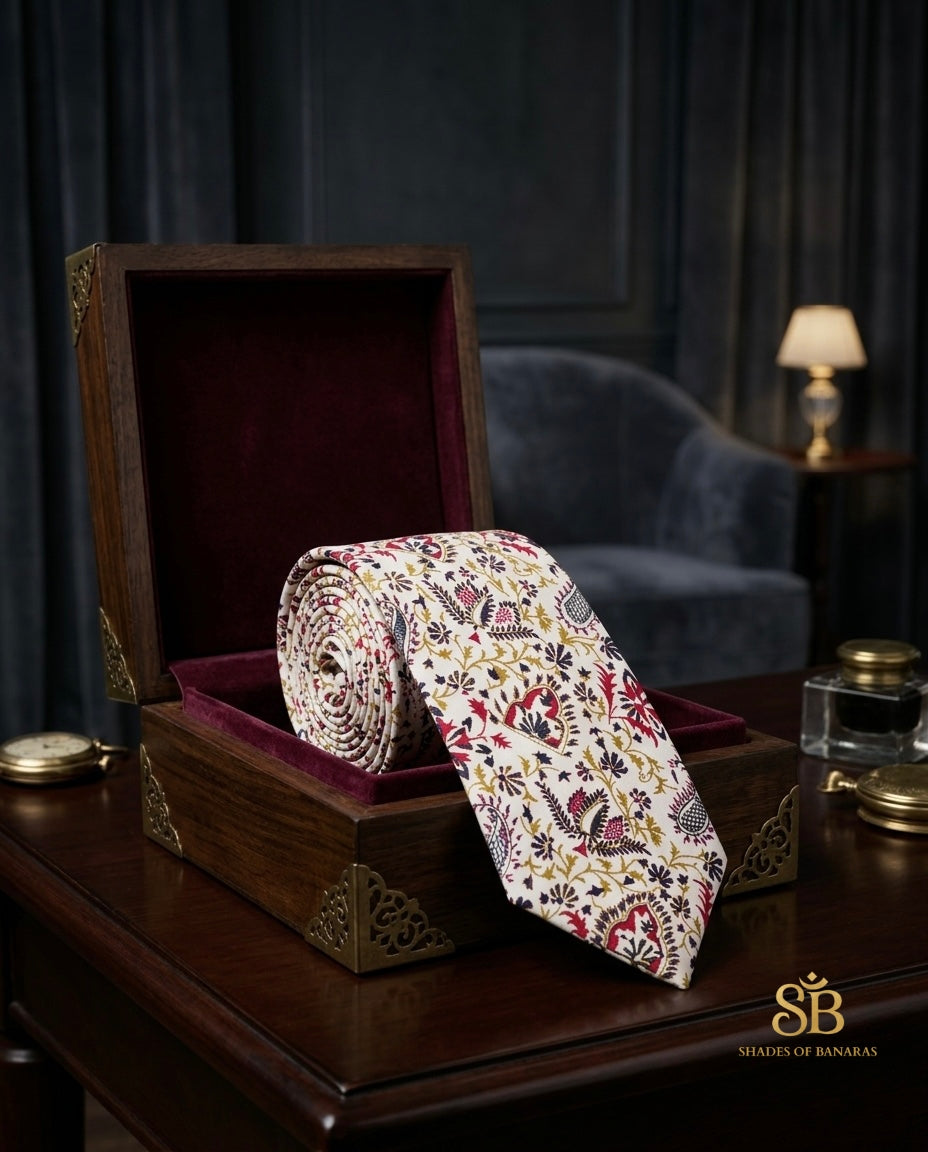 White pure silk Banarasi handloom necktie from Varanasi with hand printed floral motif pattern