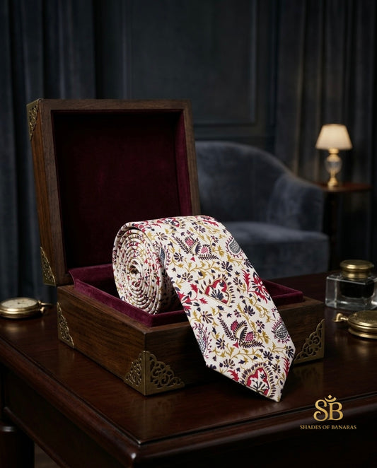 White pure silk Banarasi handloom necktie from Varanasi with hand printed floral motif pattern