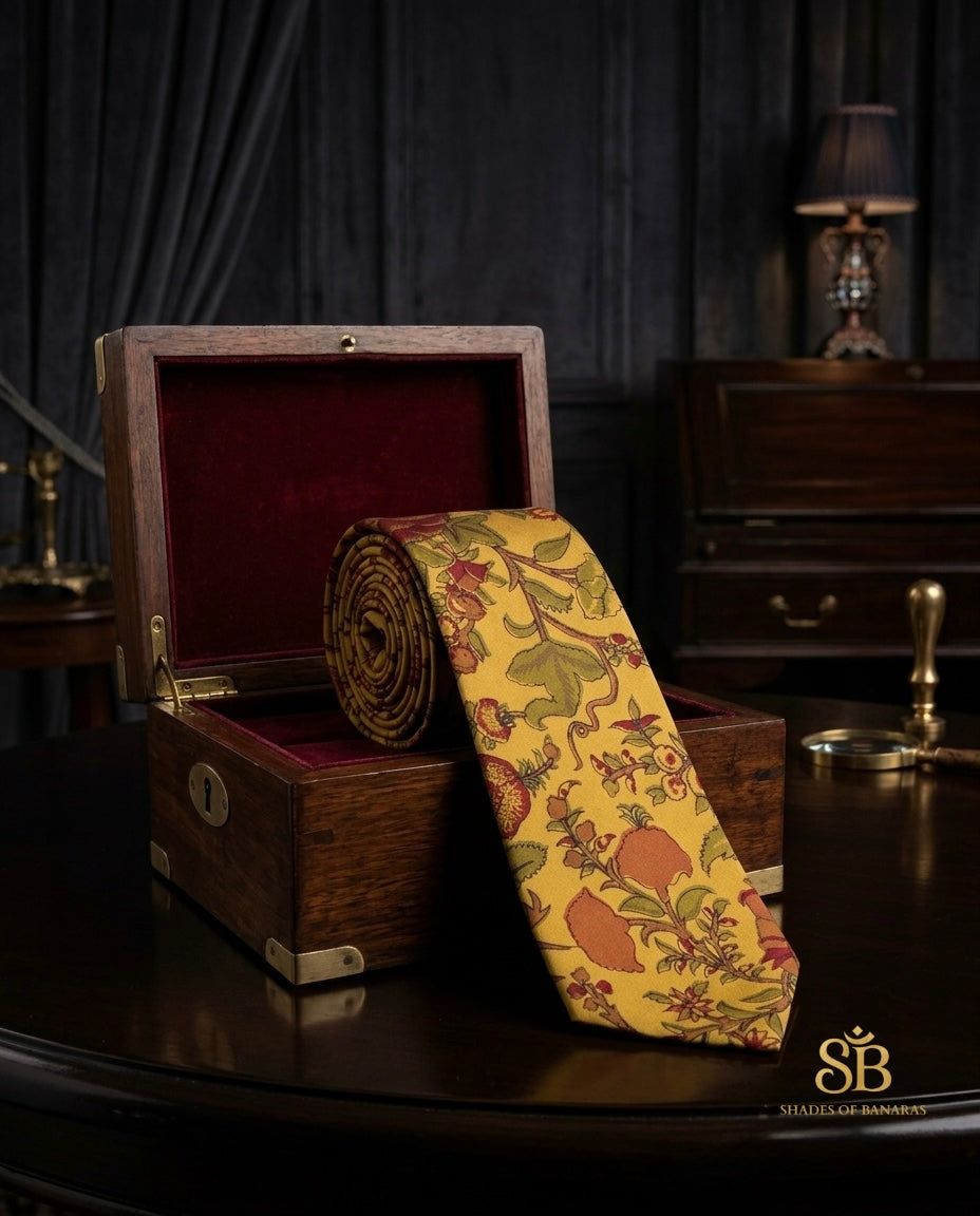 Yellow pure silk Banarasi handloom necktie from Varanasi with hand printed pomegranate botanical pattern