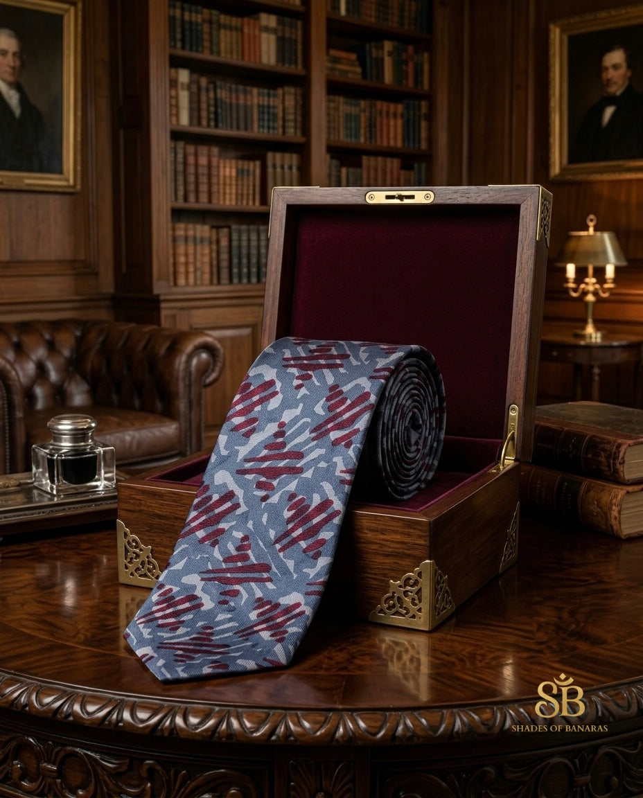 Blue pure silk Banarasi handloom necktie from Varanasi with hand printed abstract brushstroke pattern