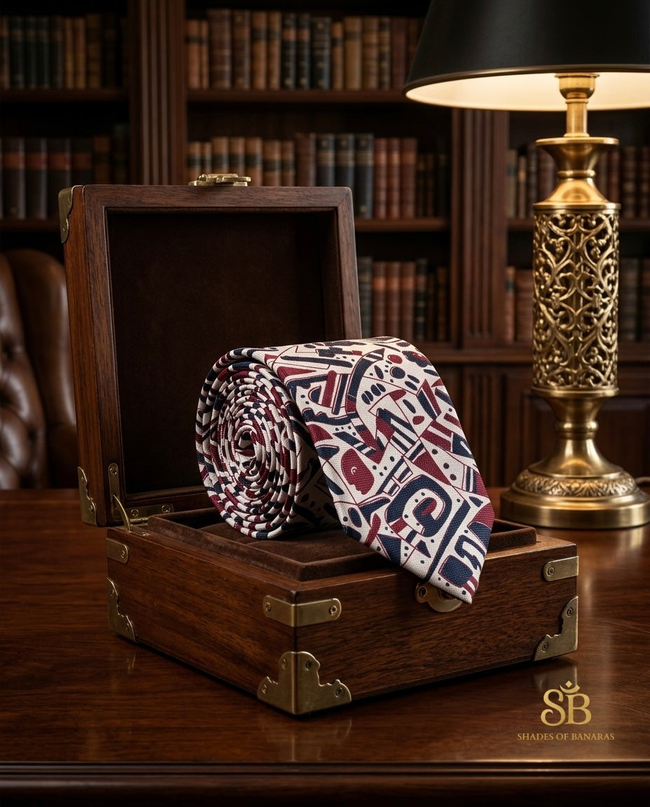 Ivory white pure silk Banarasi handloom necktie from Varanasi with hand printed angular art deco pattern